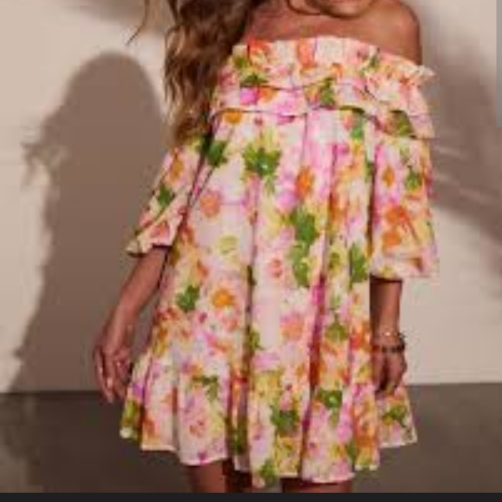 Vici Floral Ruffle Multicolor Off The Shoulders Dress, Size XL